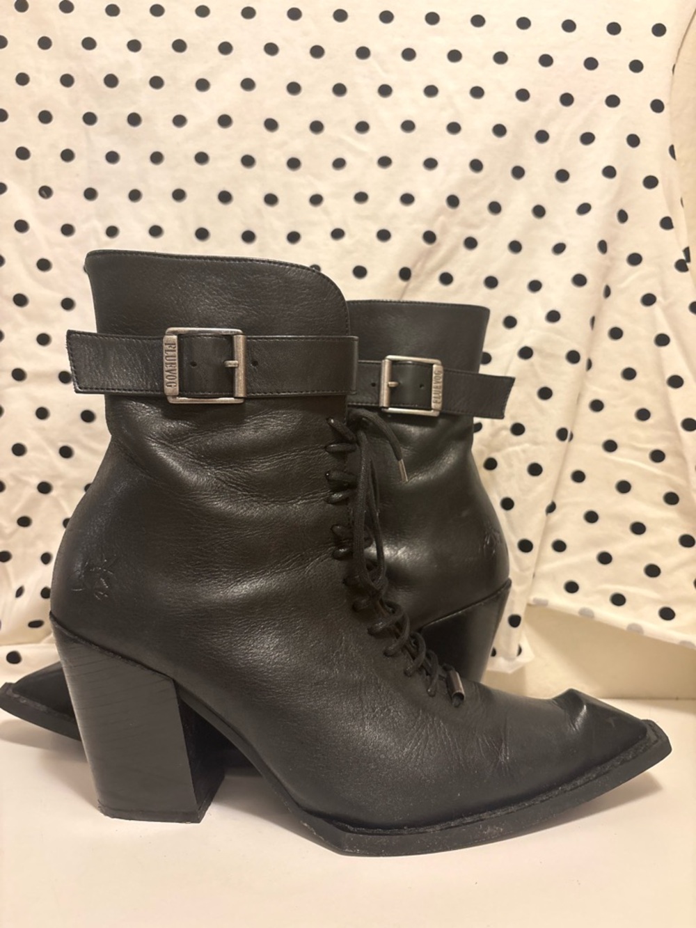 John Fluevog Black Leather Lace-Up & Buckle Boots